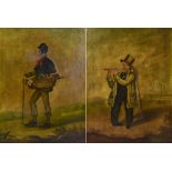 LOCAL INTEREST, R. BRADBURY; a pair of oils on card, a street jester and a peddler, both signed,