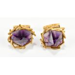 TIFFANY & CO; a pair of 18ct yellow gold amethyst mounted cuff links, diameter of platform approx