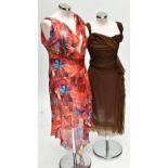 DONNA KARAN; a brown chiffon dress, size small, and a Julien MacDonald red floral chiffon wrap