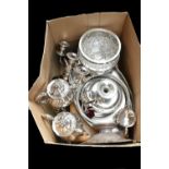 A mixed group of electroplated items including canteen, tea and coffee pots, trays, etc.