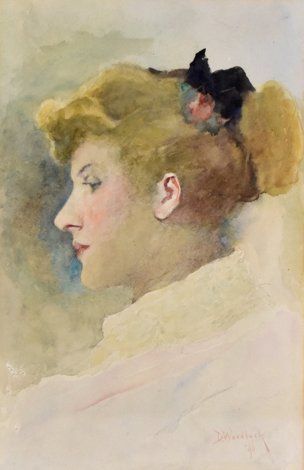 DAVID WOODLOCK (1842-1929); watercolour, side view portrait of a lady, signed and dated '96 lower