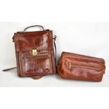 THE BRIDGE; a brown leather wash bag with brass hardware, and a brown leather cross body bag with