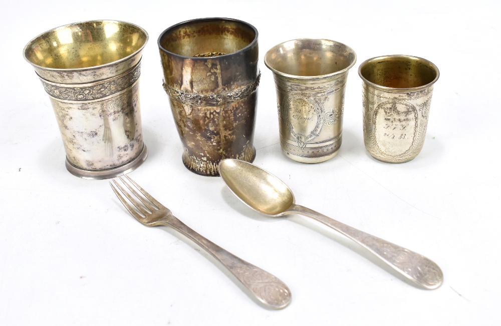 DANISH SILVER; five pieces including three beakers, including example with chased decoration, height