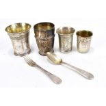 DANISH SILVER; five pieces including three beakers, including example with chased decoration, height