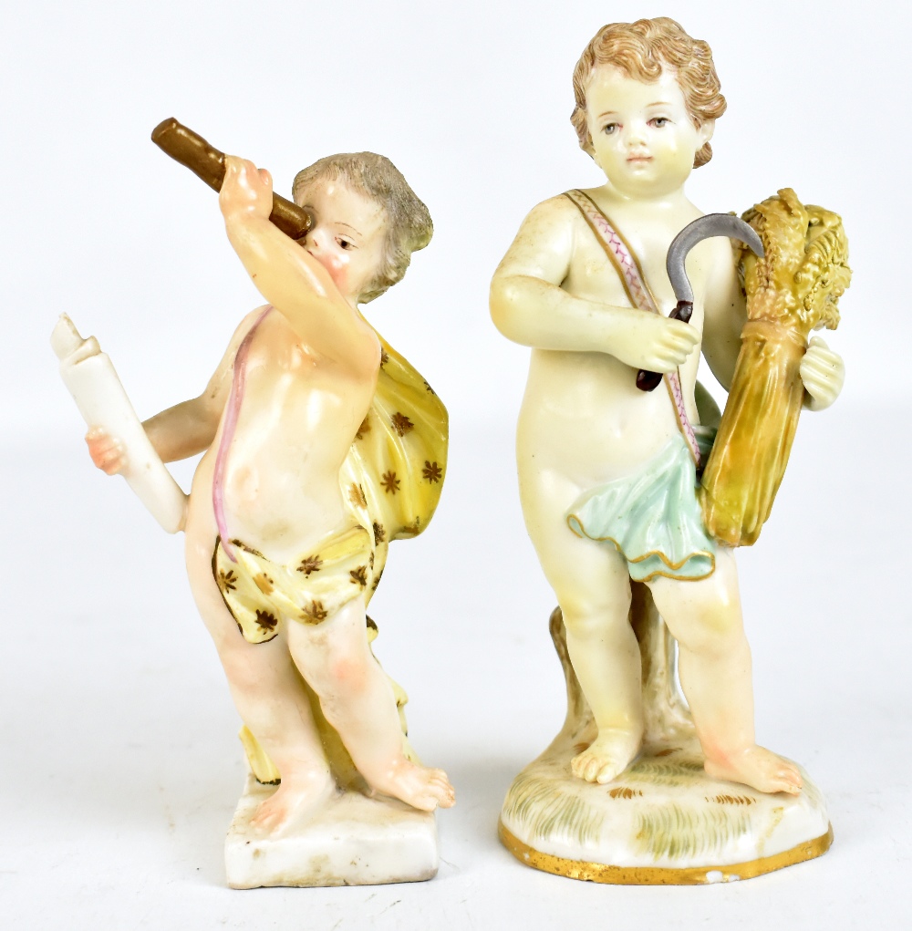 MEISSEN; a late 18th century figure of a putto holding a telescope, blue painted crossed swords mark