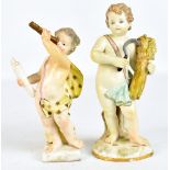 MEISSEN; a late 18th century figure of a putto holding a telescope, blue painted crossed swords mark