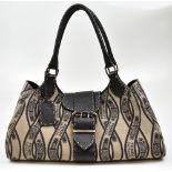 FENDI; a tan and black monogrammed with Fendi, Solaria cloth bag with black leather stitched trim,