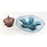WHITEFRIARS; a blue/green tinted bowl, width 35cm, and a pale purple tinted jar and cover, height