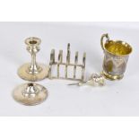 A George V hallmarked silver toast rack, Birmingham 1927 a Victorian hallmarked christening cup (af)