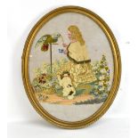 A 19th century needlework tapestry panel depicting a girl feeding a parrot in landscape setting,