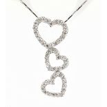 A 9ct white gold and diamond triple heart shaped pendant with 9ct white gold fine link chain,