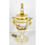 DRESDEN; a hand painted and gilt decorated twin handled pedestal urn lamp, the central rectangular