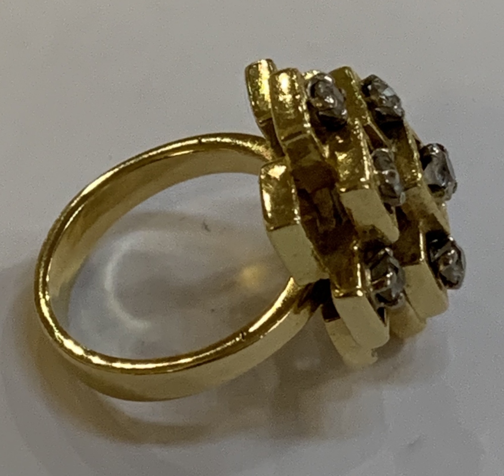 An 18ct yellow gold and diamond set ring of abstract stepped design, with nine round brilliant cut - Image 2 of 5