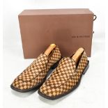 LOUIS VUITTON; a pair of man's brown check pony skin leather slip on loafers with leather sole, size