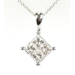 An 18ct white gold and diamond pendant, with four princess cut stones totalling approx 1ct, on an