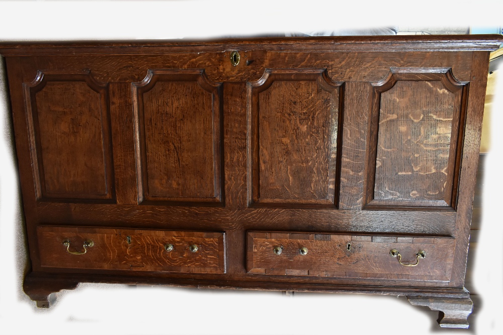 A late 18th/early 19th century oak blanket chest with panelled front above two short drawers on