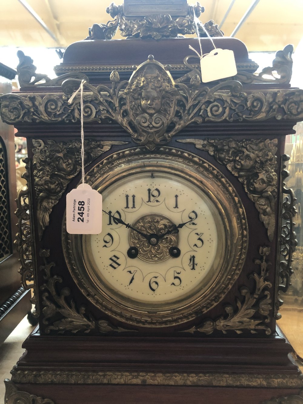 A large late 19th/early 20th century mantel clock with gilt metal foliate and cherubic mounts, the - Image 3 of 6