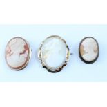 Three yellow metal mounted cameo brooches (3).