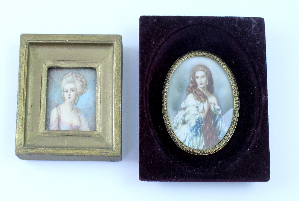 Two late 19th century portrait miniatures depicting elegant ladies, both signed Iris, height 5.