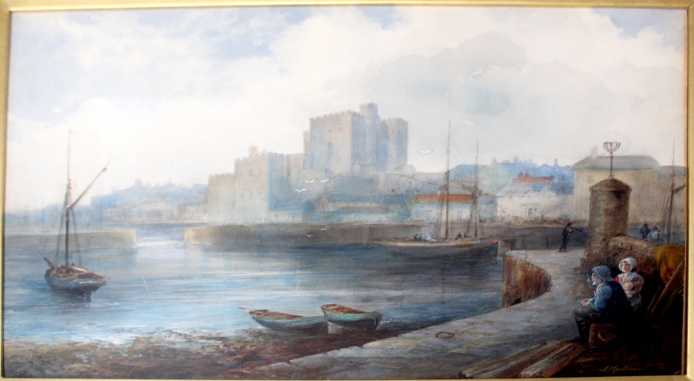 J MACDERMOT; watercolour of a harbour scene with castle in background, figures to foreground,