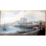 J MACDERMOT; watercolour of a harbour scene with castle in background, figures to foreground,