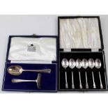 A cased set of six teaspoons and a 1960s silver teaspoon and baby push in presentation case (2).