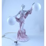 A vintage Lewy table lamp in the form of a lady in a pink gown holding a globe in each hand,