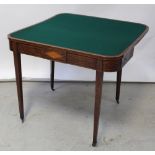 A 19th century inlaid mahogany fold-over card table with baize-lined interior on square tapering