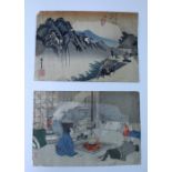 Four late 19th century Japanese coloured woodblock prints backed on parchment comprising of,