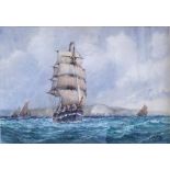 FREDERICK ALDBRIDGE (1850-1933); watercolour, maritime scene of a tall ship off the South Coast,