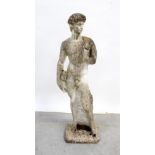 A composite garden statue after Michelangelo's 'David', on a square plinth base, height 119cm.