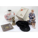 Oriental items to include porcelain figure of a man resting with water bottle (repaired) ,