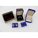 Five pairs of earrings including ruby cluster, diamond and sapphire etc (5).