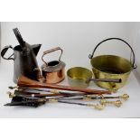 A mixed lot of metalware to include copper jugs, lantern, saucepan, two animal form vestas,