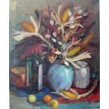 H ZEEGERS (20th century English); oil on canvas, still life of maize and flowers in vase, signed,