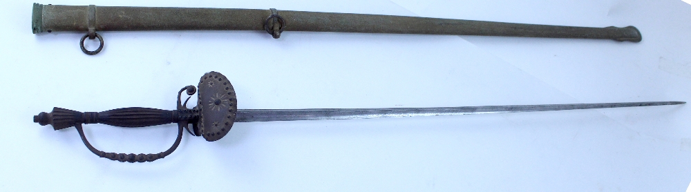 A 18th century gentlemen's sword with triangular blade, hilt and shell with cut steel decoration,