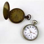 A Continental silver keyless wind open faced pocket watch and a gilt metal full hunter pocket watch