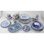 A large quantity of blue and white wares to include meat plates, Hillditch teapot,