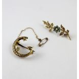 A 15ct gold leaf-shaped brooch set with turquoise and seed pearls and a 9ct gold brooch in the