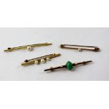 Four 9ct gold bar brooches to include three set with pearls, the fourth with a turquoise,