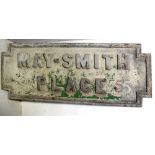 A cast iron Liverpool street sign 'May-Smith Place', green background with red painted number 5,