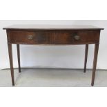 A mahogany bow-front hall table with two drawers, on tapering legs. width 122cm.
