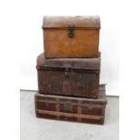 A vintage leather metal-bound travel trunk with wooden slats to the top, width 82cm,