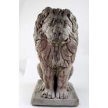 A 20th century reconstituted garden lion statue, raised on square section base, height 44cm.