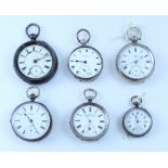 A mixed group of six silver cased pocket watches including various sizes and types,