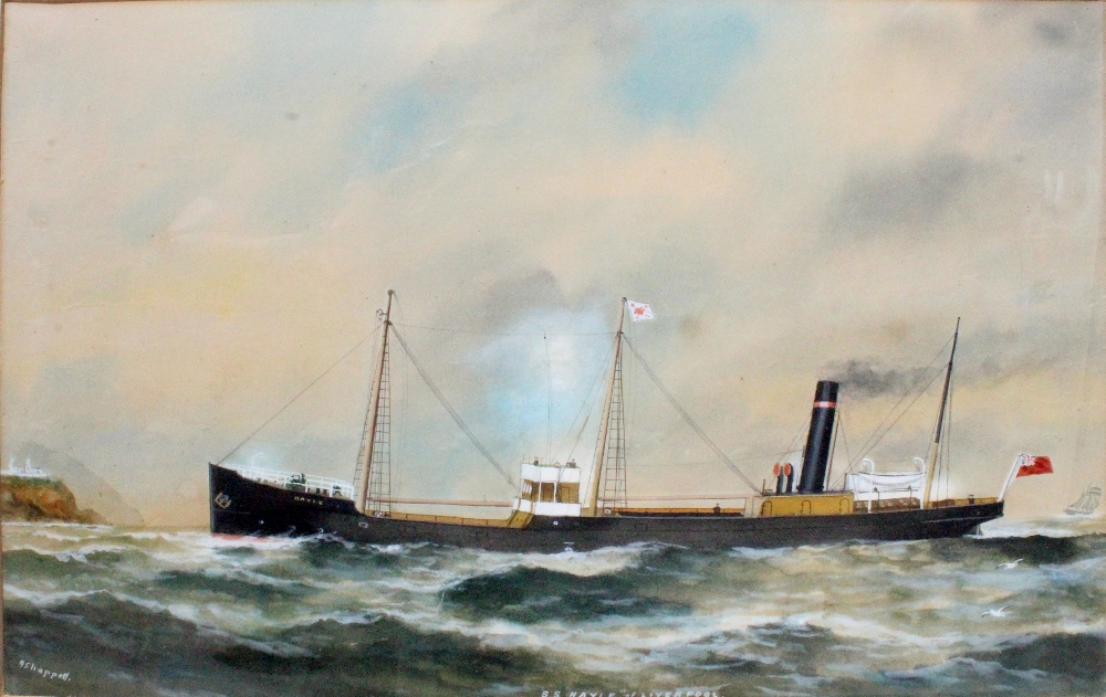 H CHAPPELL; gouache, 'SS Hayle of Liverpool', shipping scene, signed lower left, 33.