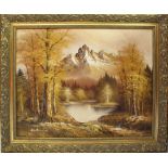 ANTONIO; acrylic on canvas depicting snow-clad mountains with woodland and river to the foreground,