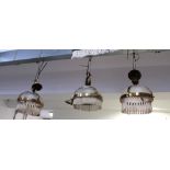 Four brass and frosted glass ceiling light shades with tassels and a similar larger example (5).
