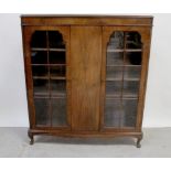 An Edwardian mahogany display cabinet with solid central panel flanked by pair of glazed doors,