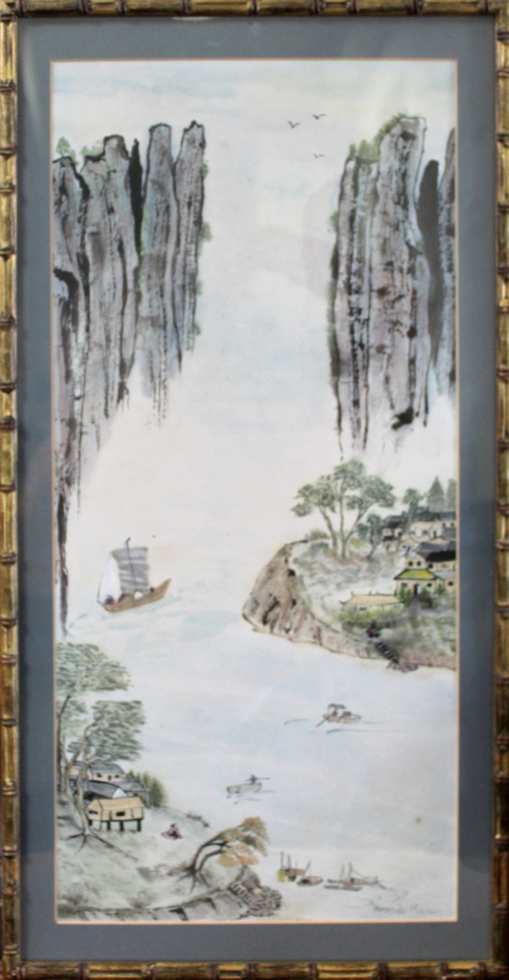 Three Brenda Manson original Chinese brush watercolour paintings depicting Chinese water scene, - Bild 2 aus 3